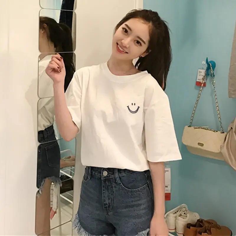 Women Smiley Print Short Sleeve T-Shirt White 2025 — feature 6