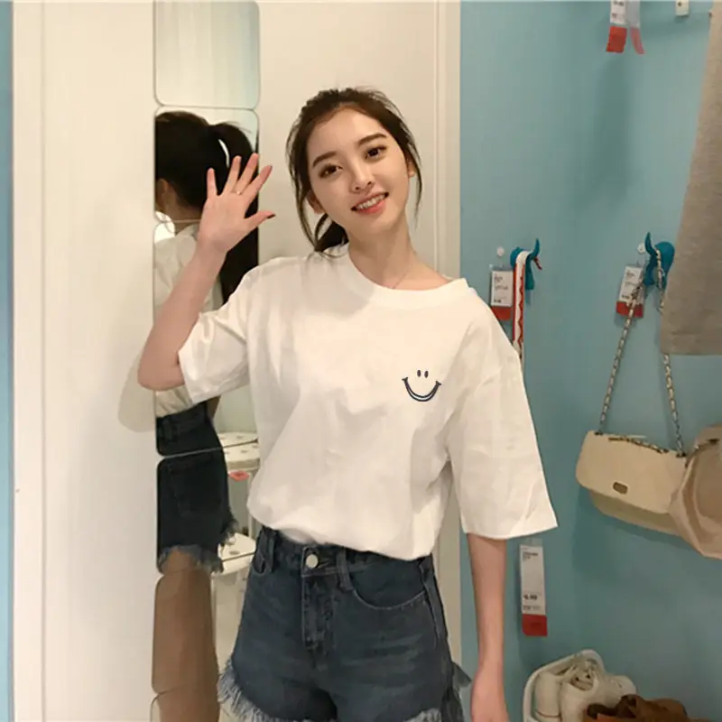 Women Smiley Print Short Sleeve T-Shirt White 2025 — feature 7