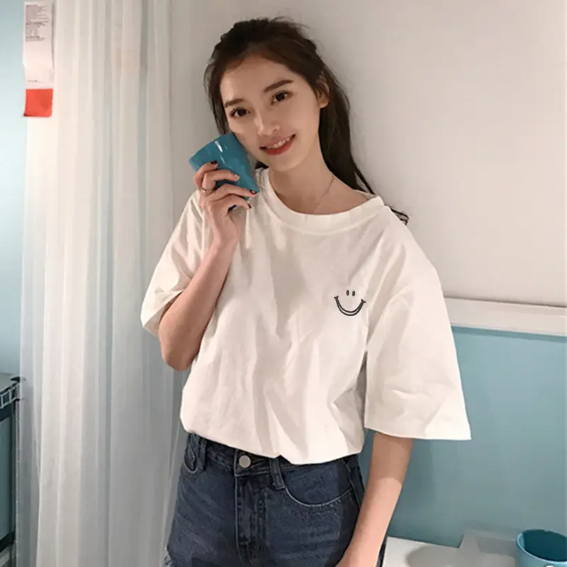 Women Smiley Print Short Sleeve T-Shirt White 2025 — feature 8