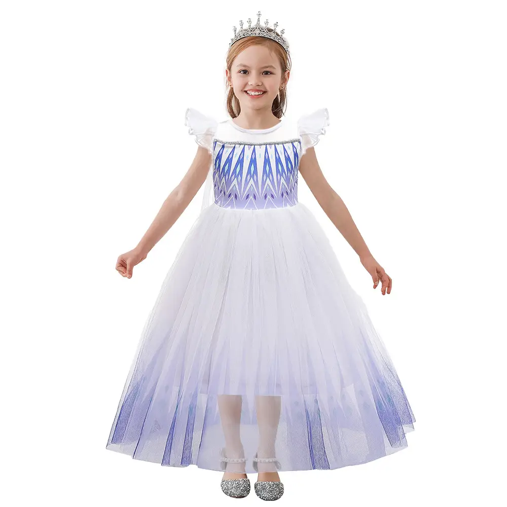 Frozen Flying Sleeve Lace Ruffled Dress Blue - Image 5