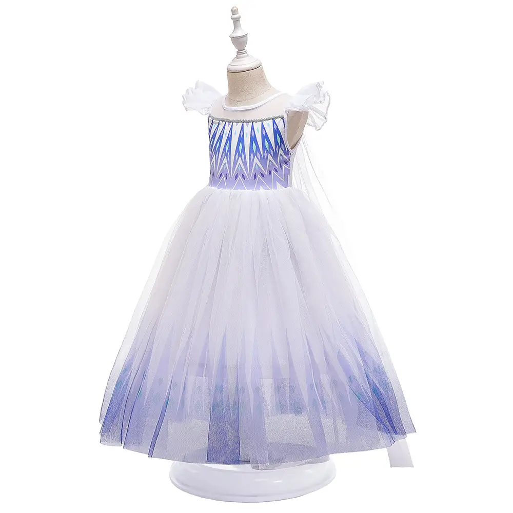 Frozen Flying Sleeve Lace Ruffled Dress Blue - Image 2