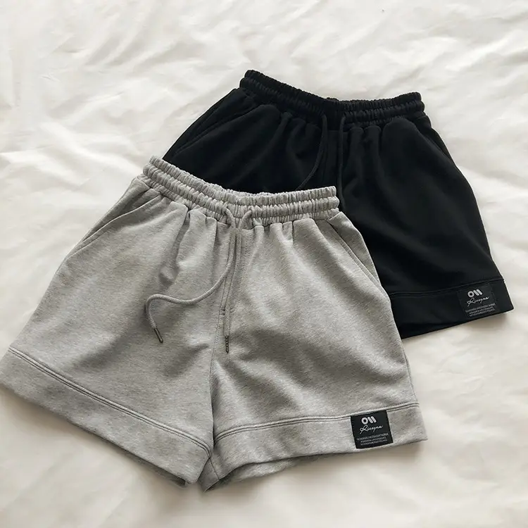 Terry Cotton Shorts Set for Women Black Gray High Waist