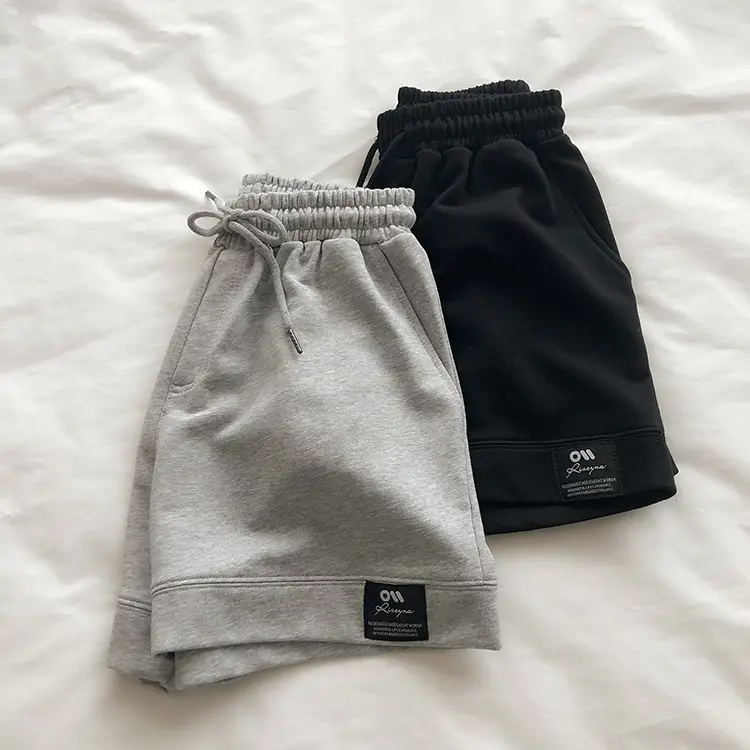 Terry Cotton Shorts Set for Women Black Gray High Waist — feature 1