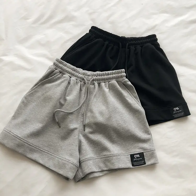Terry Cotton Shorts Set for Women Black Gray High Waist — feature 3