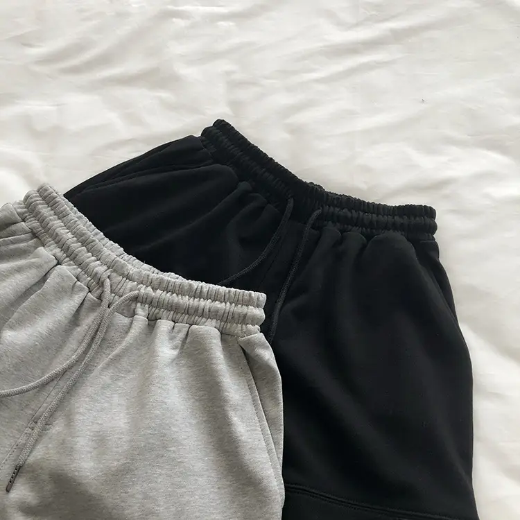Terry Cotton Shorts Set for Women Black Gray High Waist — feature 4