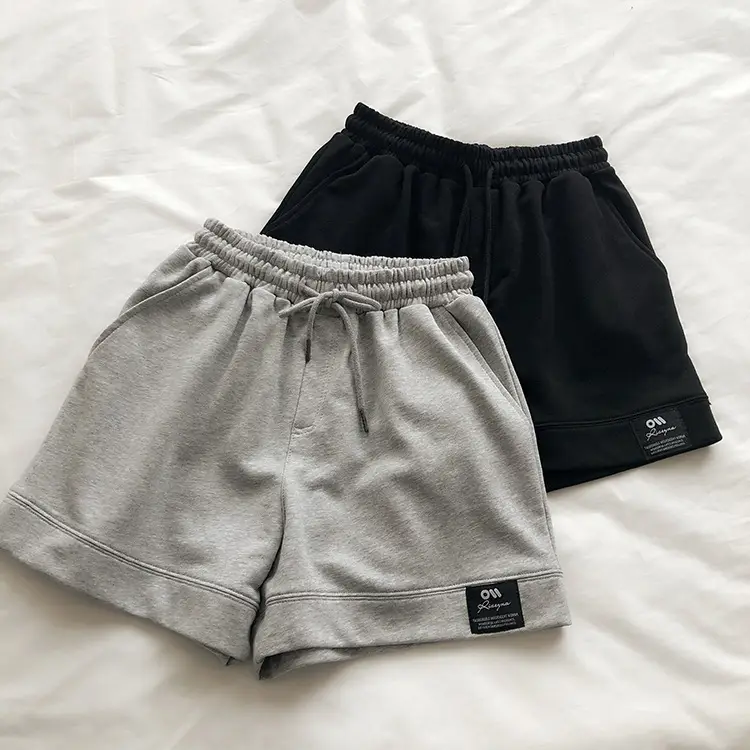 Terry Cotton Shorts Set for Women Black Gray High Waist — feature 8