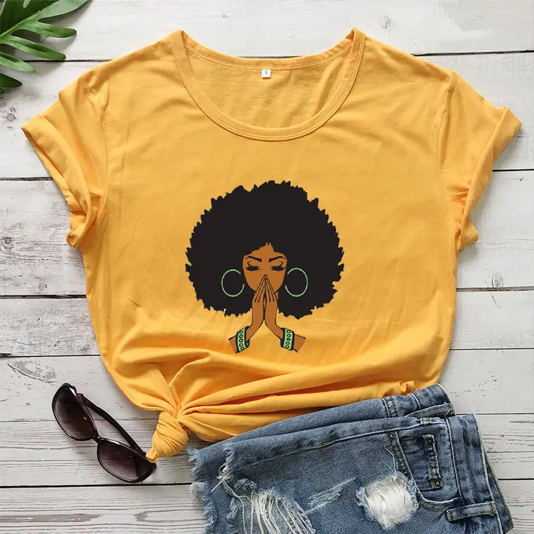 Foreign Trade T-Shirt Prayer Print Short Sleeve Yellow - Image 4