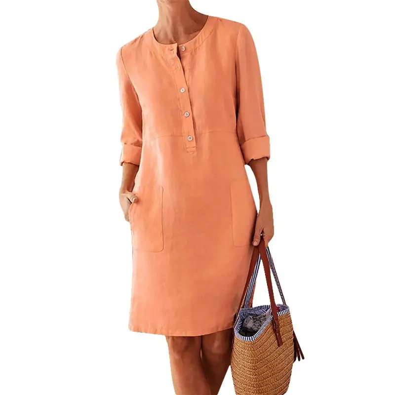 Plus Size Women Cotton Linen Round Neck Dress Grey