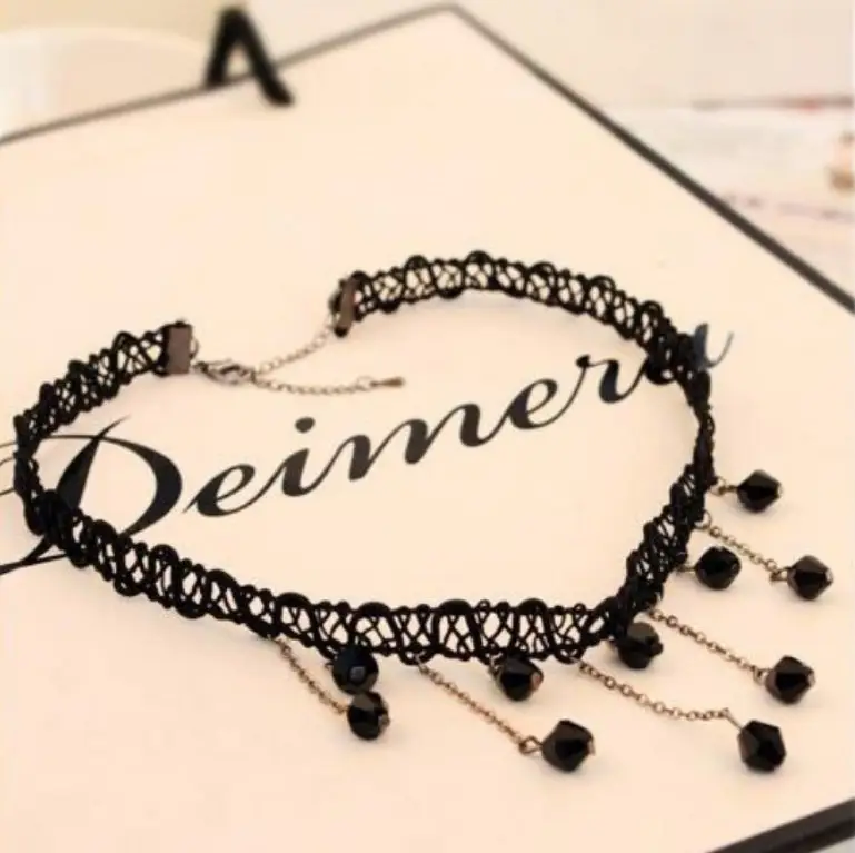 Black Water Drop Clavicle Necklace with Tassels - Image 3