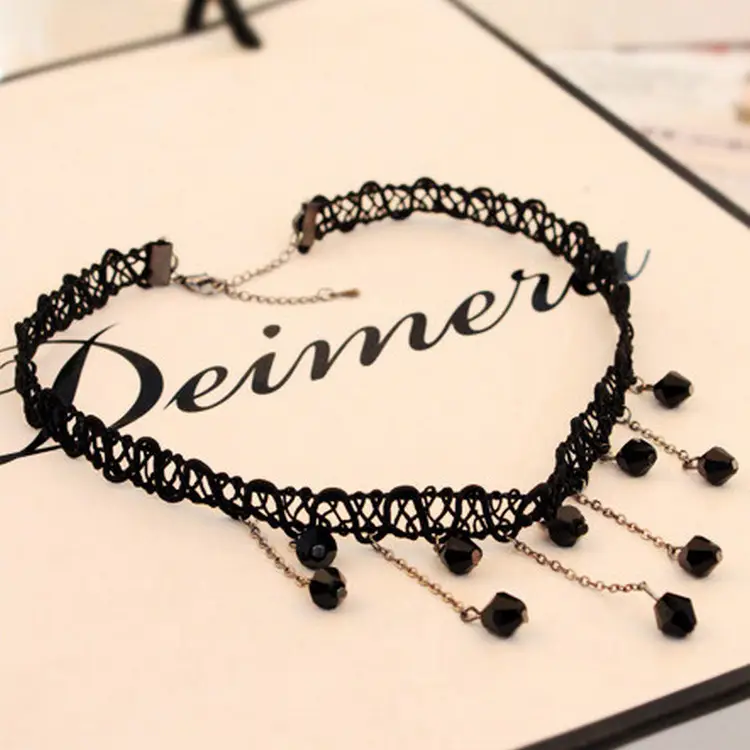 Black Water Drop Clavicle Necklace with Tassels - Image 5