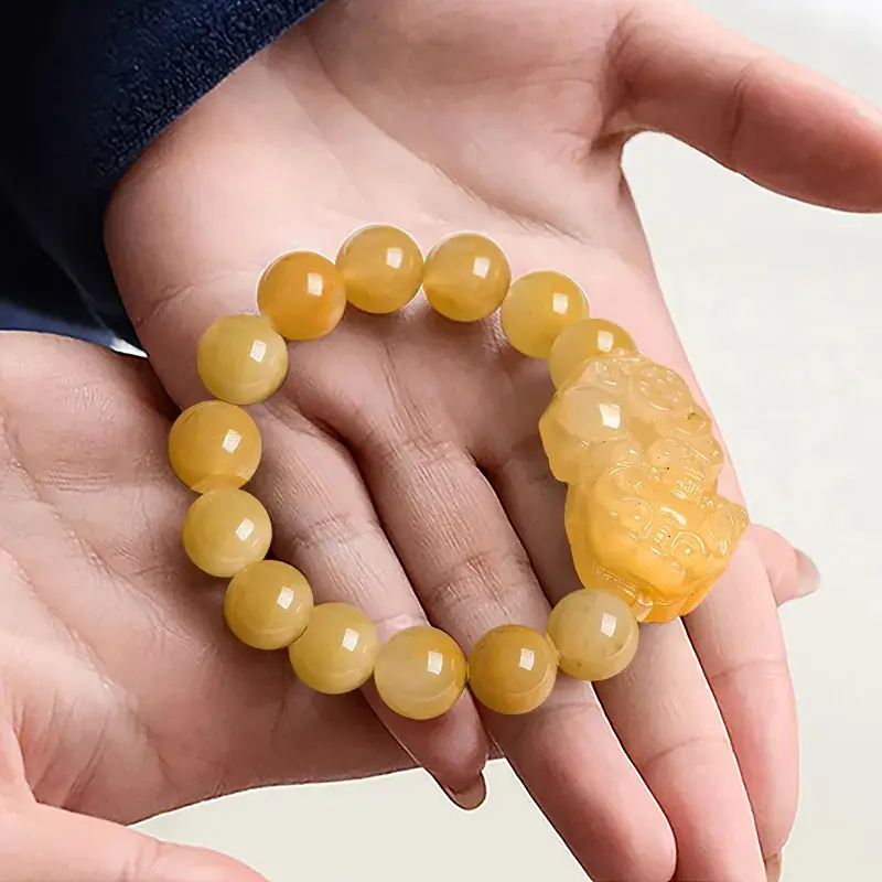 Natural Xinjiang Gold Silk Jade Pixiu Bracelet - Image 4