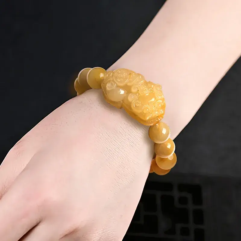 Natural Xinjiang Gold Silk Jade Pixiu Bracelet - Image 5