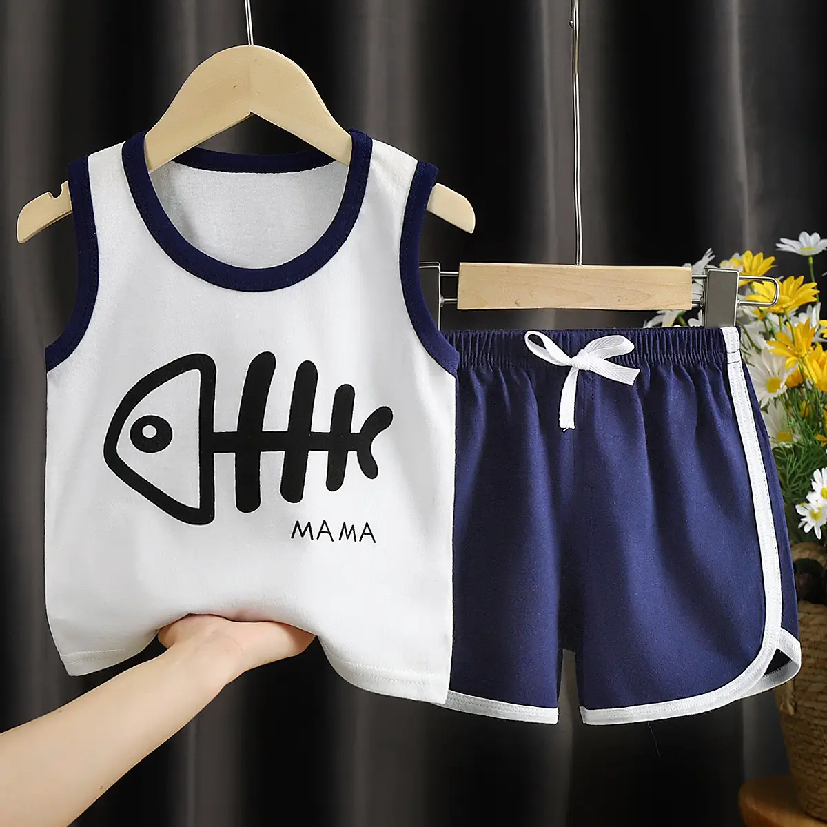 Baby Vests Shorts Set White Blue 0-5 Years - Image 2