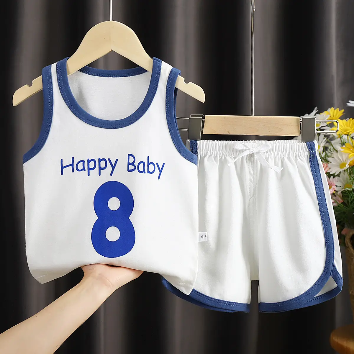 Baby Vests Shorts Set White Blue 0-5 Years - Image 5