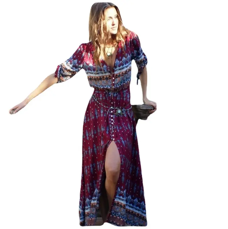 Printed Women's 8-Flower Long Dress Red - Image 12
