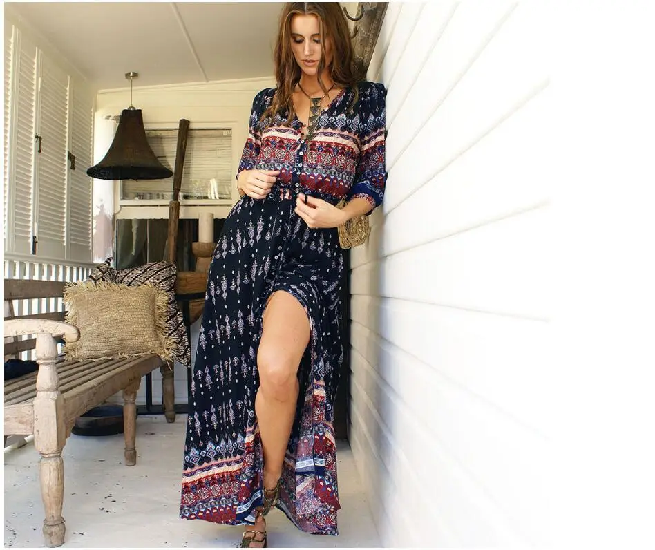 Printed Women's 8-Flower Long Dress Red - Image 4