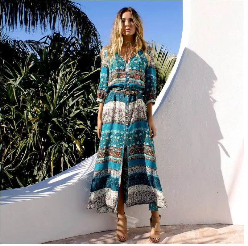 Printed Women's 8-Flower Long Dress Red - Image 6