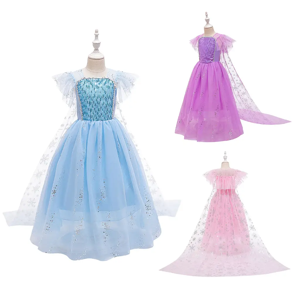 Ins Girls' Dress Elsa Princess Dress Frozen Elsa Cosplay Sequin Dress Little Princess