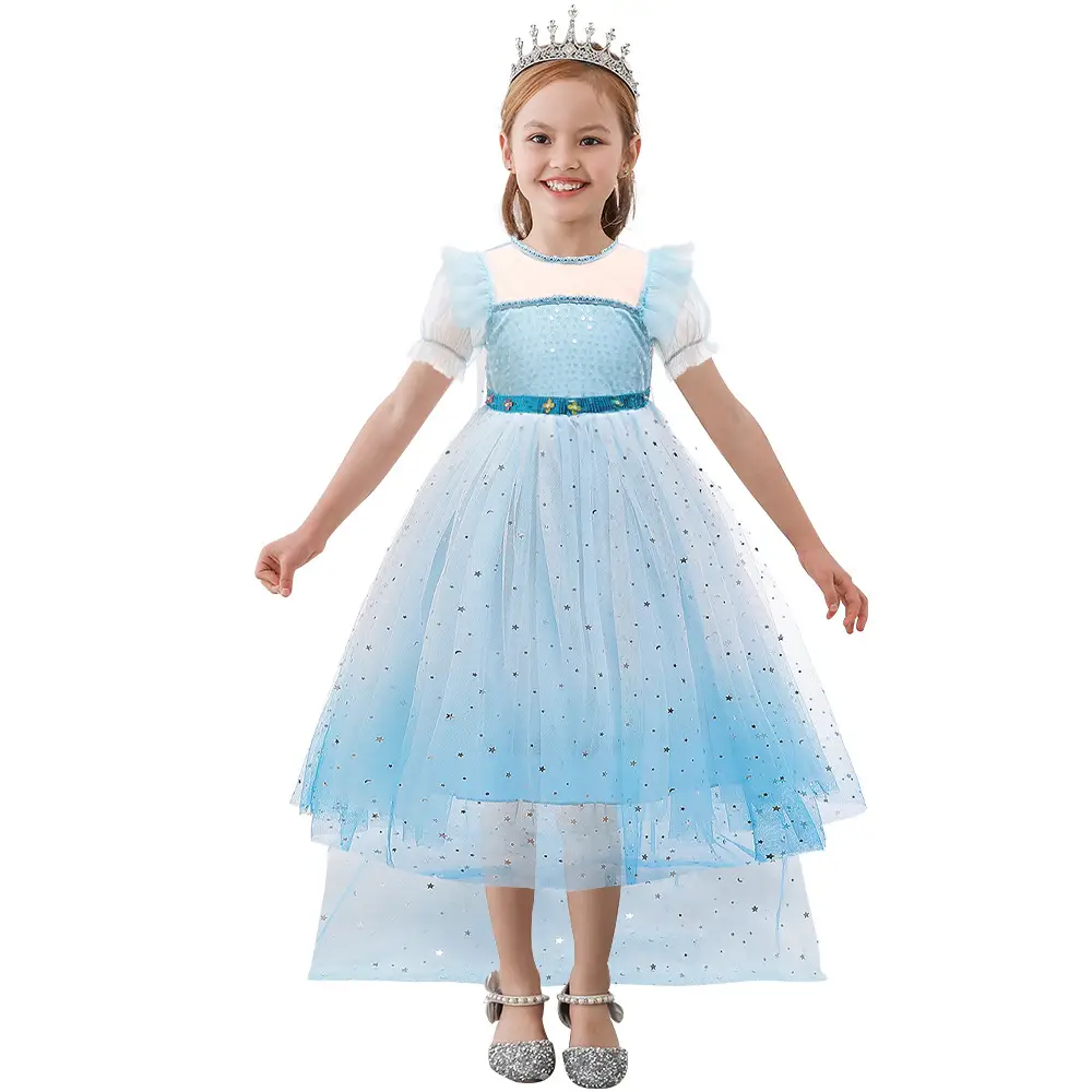 Ins Girls' Dress Elsa Princess Dress Frozen Elsa Cosplay Sequin Dress Little Princess