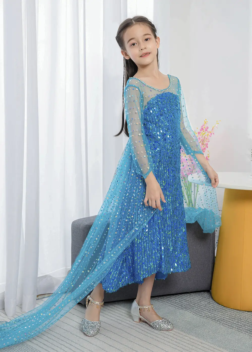 Ins Girls' Dress Elsa Princess Dress Frozen Elsa Cosplay Sequin Dress Little Princess