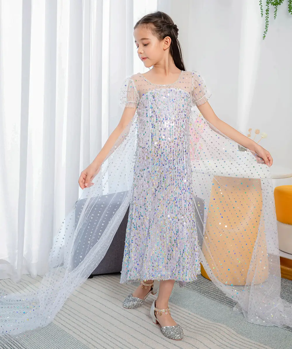 Ins Girls' Dress Elsa Princess Dress Frozen Elsa Cosplay Sequin Dress Little Princess