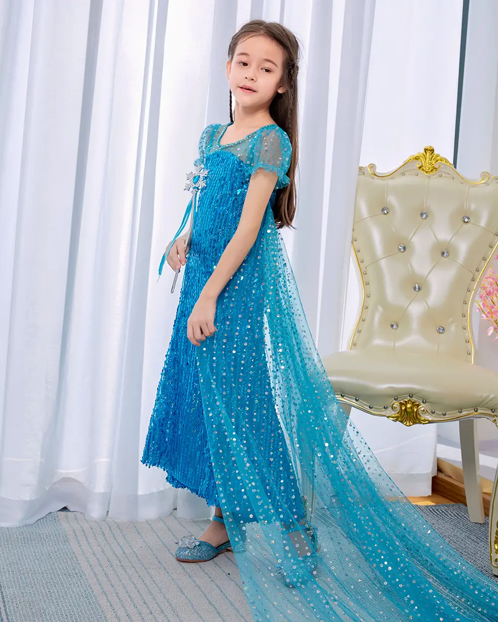Ins Girls' Dress Elsa Princess Dress Frozen Elsa Cosplay Sequin Dress Little Princess