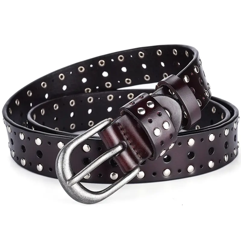 Women's Black Leather Belt with Hollow Rivet Buckle - Image 4