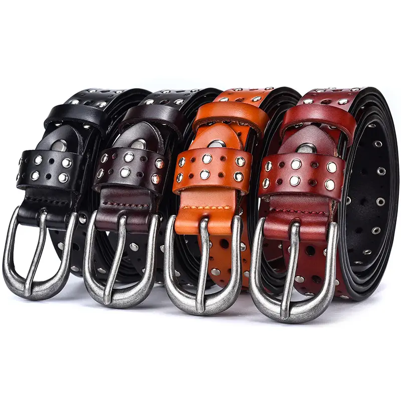 Women's Black Leather Belt with Hollow Rivet Buckle - Image 6