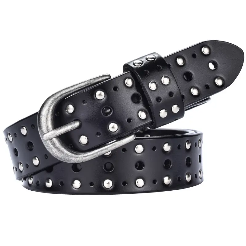 Women's Black Leather Belt with Hollow Rivet Buckle - Image 7
