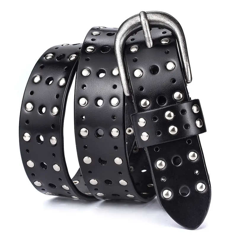 Women's Black Leather Belt with Hollow Rivet Buckle