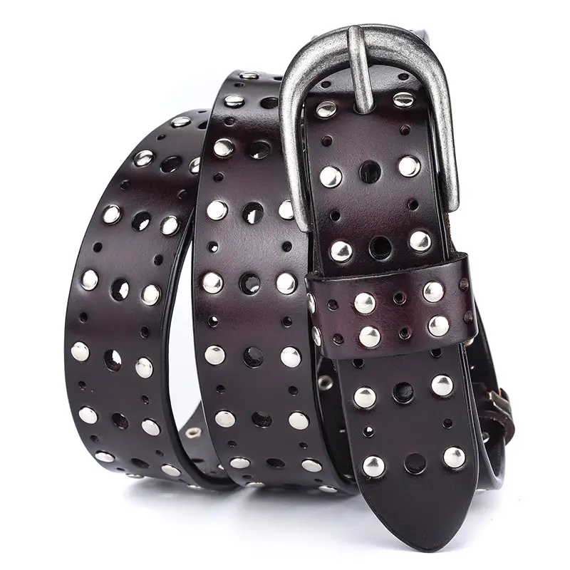 Women's Black Leather Belt with Hollow Rivet Buckle - Image 2