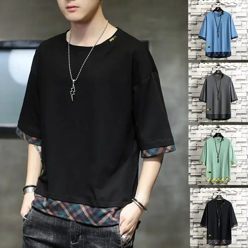 Men Green Cotton Oversized T-Shirt with Plaid Hem - Image 16