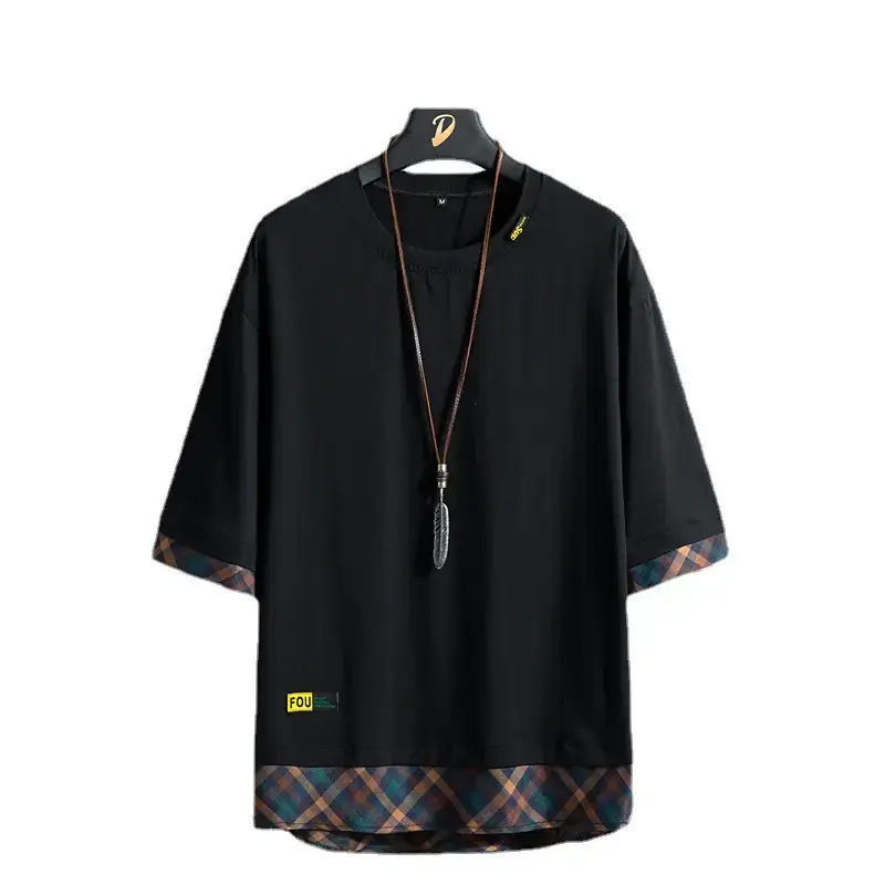 Men Green Cotton Oversized T-Shirt with Plaid Hem - Image 19