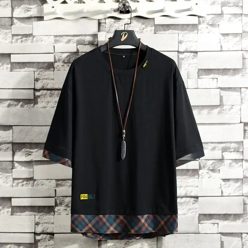 Men Green Cotton Oversized T-Shirt with Plaid Hem - Image 4