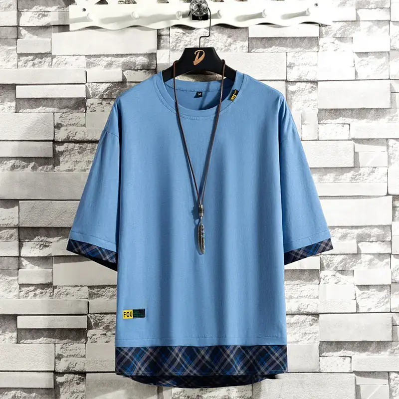 Men Green Cotton Oversized T-Shirt with Plaid Hem - Image 10