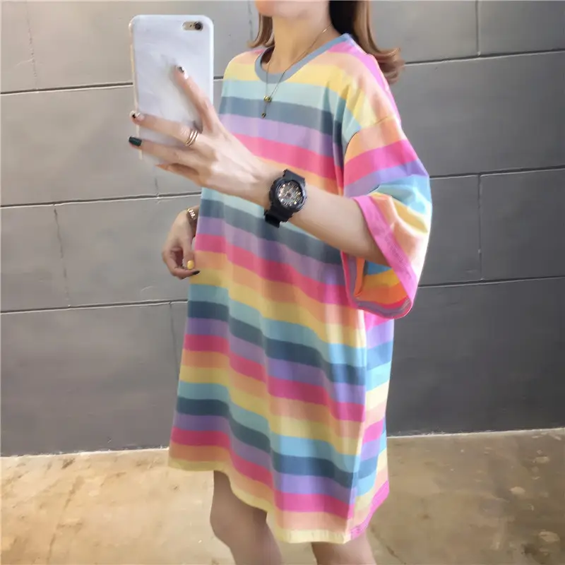 Women Rainbow Stripe Striped T-Shirt Large Summer Wear - Image 3