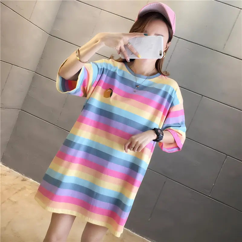 Women Rainbow Stripe Striped T-Shirt Large Summer Wear - Image 4