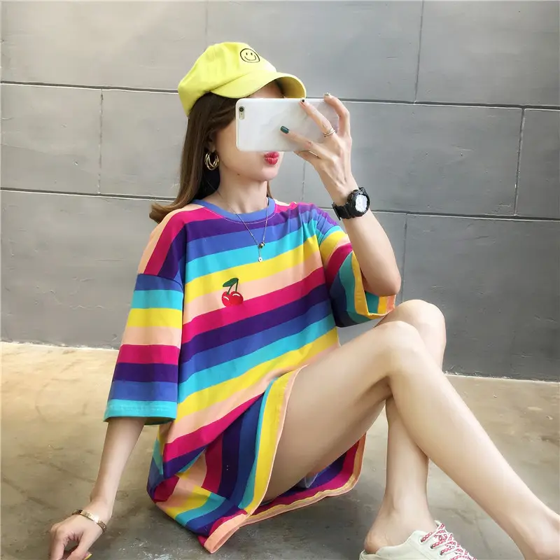 Women Rainbow Stripe Striped T-Shirt Large Summer Wear - Image 5