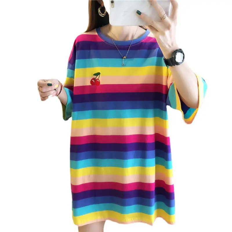Women Rainbow Stripe Striped T-Shirt Large Summer Wear - Image 6