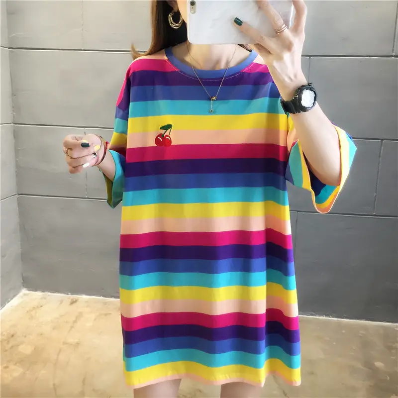 Women Rainbow Stripe Striped T-Shirt Large Summer Wear - Image 2