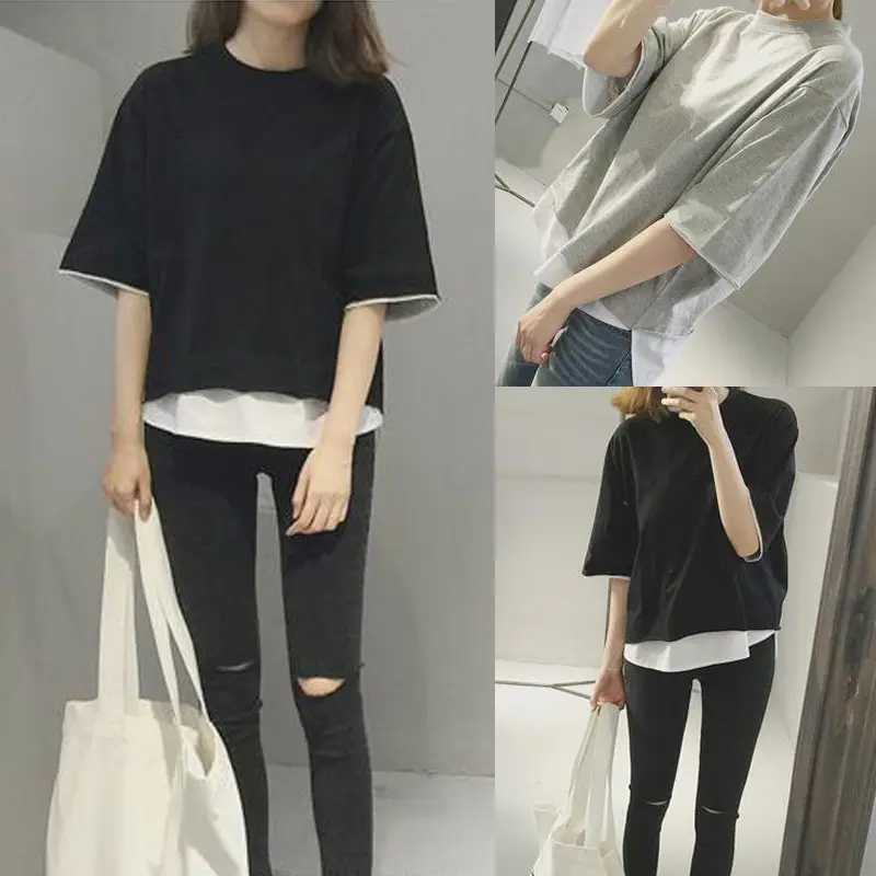 Women's Black Loose Fit T-Shirt with White Underlayer & Knee-Length Pants - Image 3