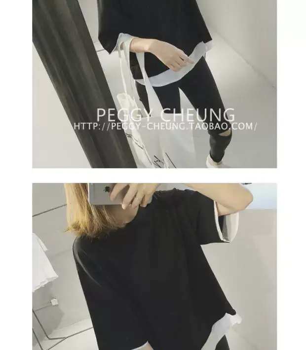 Women's Black Loose Fit T-Shirt with White Underlayer & Knee-Length Pants — feature 12