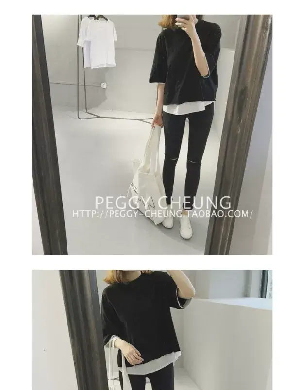 Women's Black Loose Fit T-Shirt with White Underlayer & Knee-Length Pants — feature 14