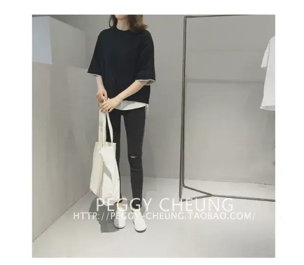 Women's Black Loose Fit T-Shirt with White Underlayer & Knee-Length Pants — feature 16