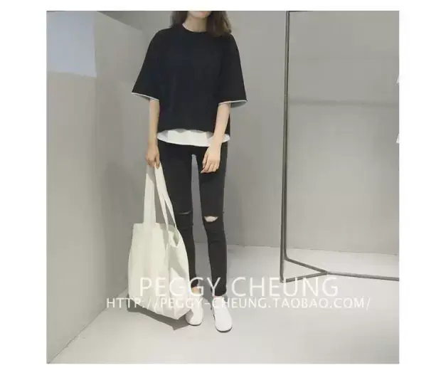 Women's Black Loose Fit T-Shirt with White Underlayer & Knee-Length Pants — feature 17