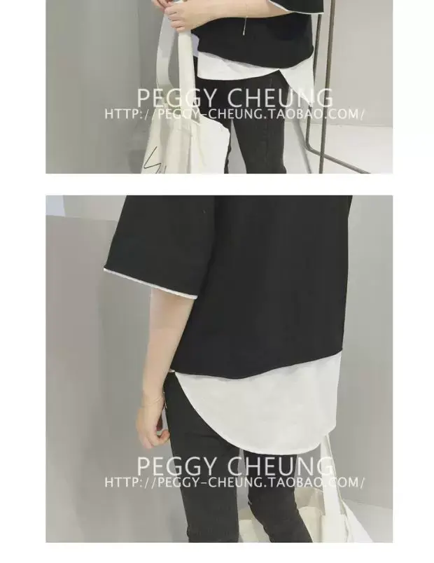 Women's Black Loose Fit T-Shirt with White Underlayer & Knee-Length Pants — feature 19
