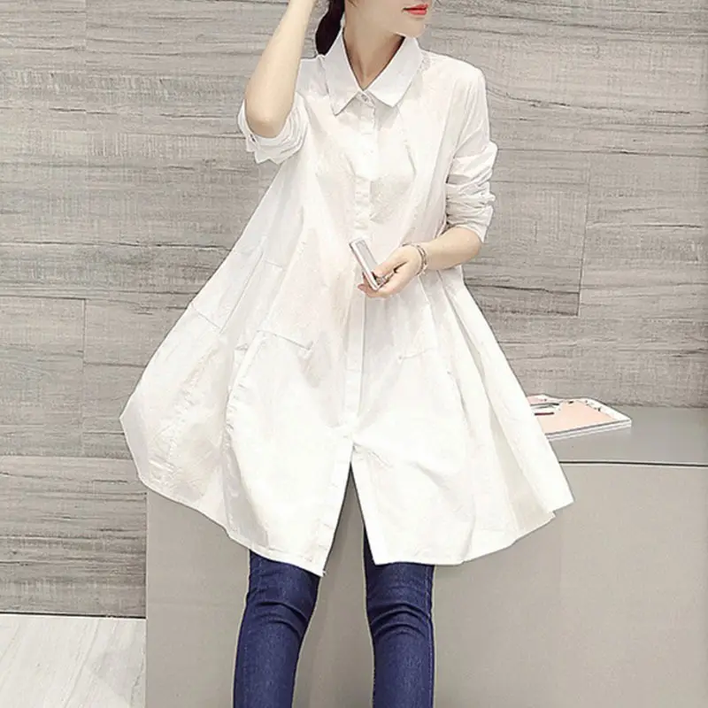 Large Size Women's White Lapel Shirt Dress Swing Mid-Length - Image 5