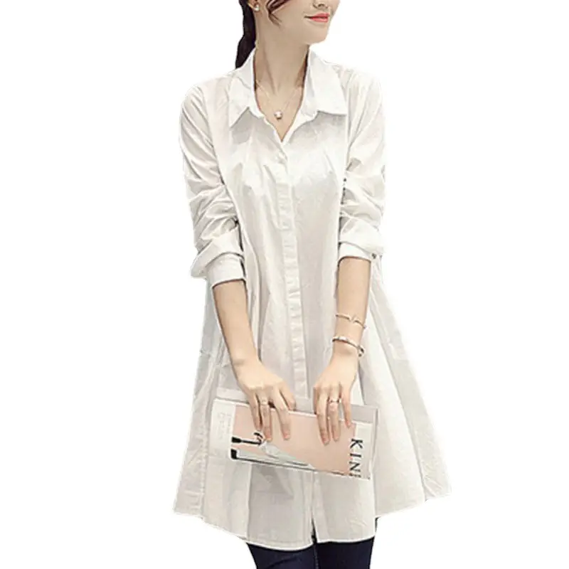 Large Size Women's White Lapel Shirt Dress Swing Mid-Length - Image 7