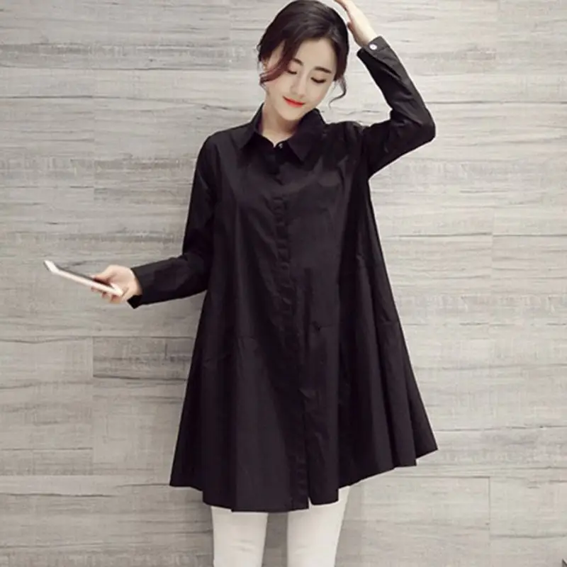 Large Size Women's White Lapel Shirt Dress Swing Mid-Length - Image 2