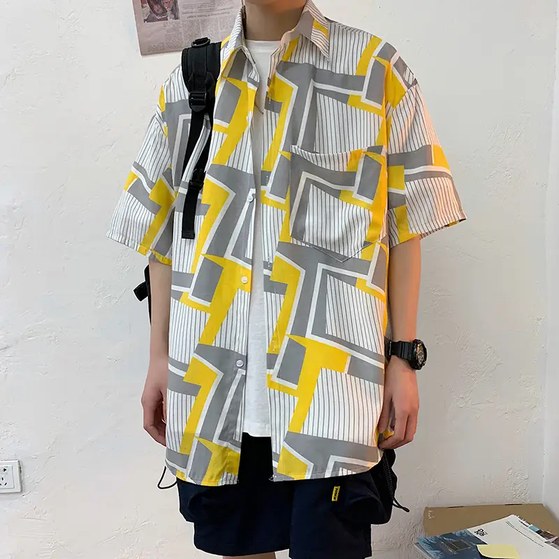Men's Short Sleeve Striped Shirt White Red Print - Image 7